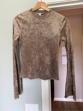 Velvet Long-Sleeve Crewneck Top in Taupe
